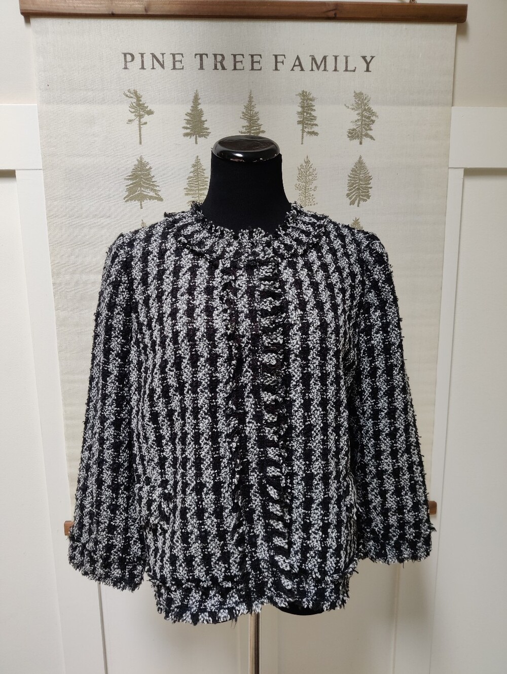 Ann Taylor Black and White Textured Tweed Fringe Jacket Size 14